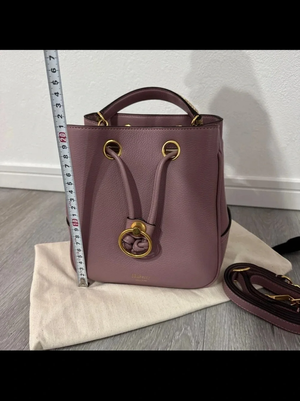 Mulberry Mauve Leather Drawstring Bucket Bag with Braided Handle